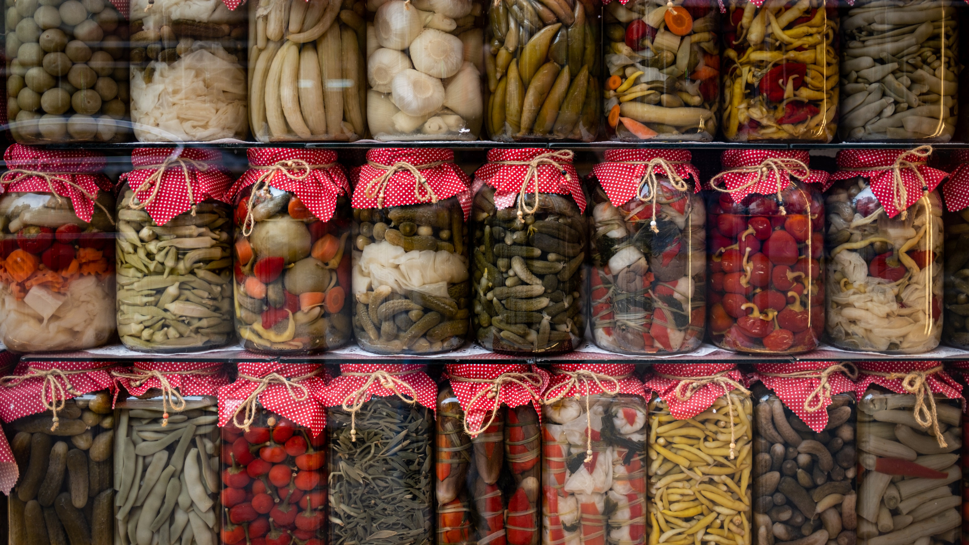 Assorted Fermented Vegetables In Glass Jars