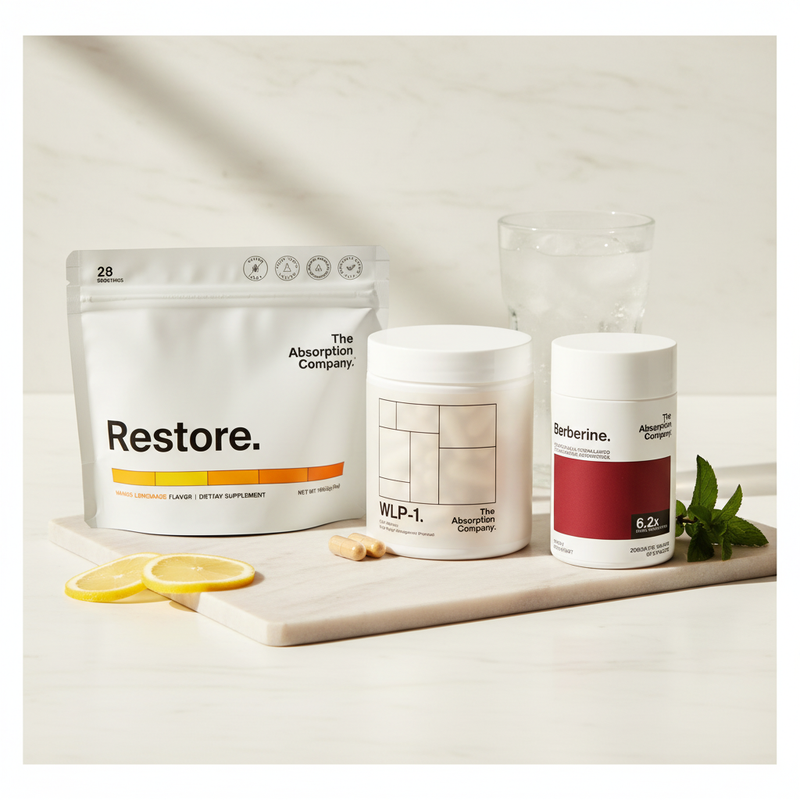 Summer Ready Stack benefits: Restore, WLP-1, Berberine on marble
