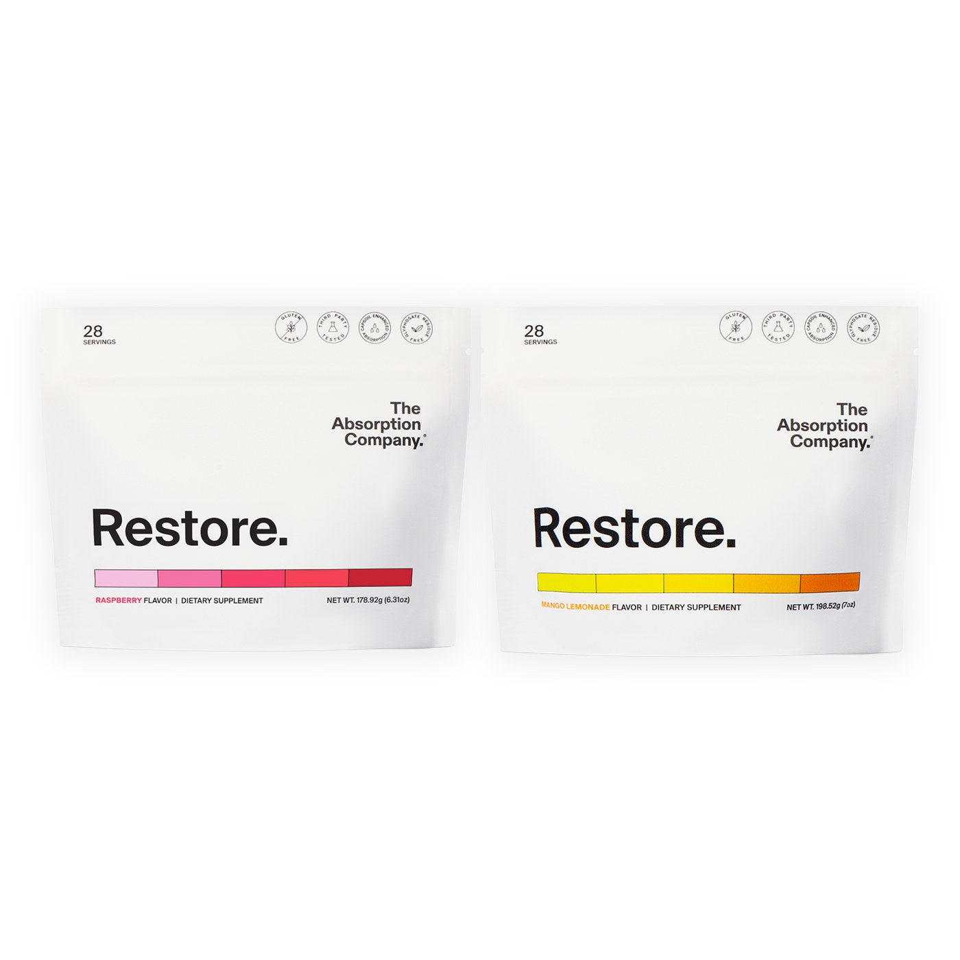 Restore Raspberry and Mango Lemonade bags side by side